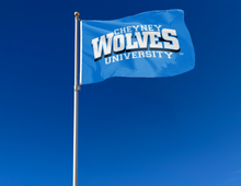 Load image into Gallery viewer, outdoor display of blue cheyney university of pennsylvania wolves flag for tailgate decor