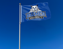 Load image into Gallery viewer, outdoor display of blue daemen university flag for tailgate decor