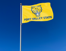 Load image into Gallery viewer, outdoor display of gold fort valley state university wildcats flag for tailgate decor