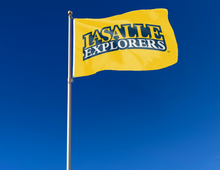 Load image into Gallery viewer, outdoor display of gold la salle university flag for tailgate decor
