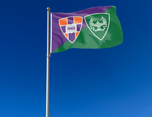 Load image into Gallery viewer, outdoor display of green and purple hobart and william smith colleges flag with shields logo for tailgate decor