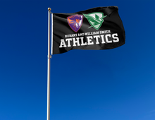 Load image into Gallery viewer, outdoor display of black hobart and william smith athletics flag for tailgate decor