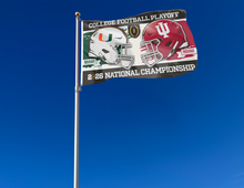 Load image into Gallery viewer, outdoor display of indiana vs miami college football player 2026 national championship flag as part of tailgate decor