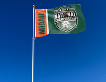 Load image into Gallery viewer, outdoor display of miami college football playoff 2026 flag as part of tailgate decor