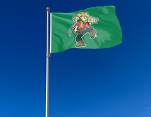 Load image into Gallery viewer, outdoor display of green missouri s&t miners flag with joe miner logo for tailgate decor