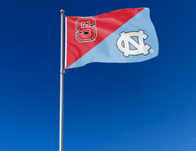 Load image into Gallery viewer, outdoor display of nc state north carolina house divided flag for tailgate decor