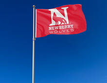 Load image into Gallery viewer, outdoor display of red newberry college wolves flag for tailgate decor