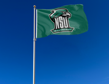 Load image into Gallery viewer, outdoor display of green northeastern state university flag with nsu riverhawks logo for tailgate decor