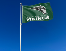 Load image into Gallery viewer, outdoor display of green portland state vikings flag for tailgate decor