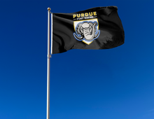 Load image into Gallery viewer, outdoor display of black purdue fort wane mastodons flag for tailgate decor