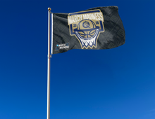 Load image into Gallery viewer, outdoor display of queens university basketball march madness 2026 flag for tailgate decor