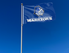Load image into Gallery viewer, outdoor display of blue southern wesleyan university warriors flag for tailgate decor