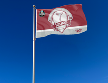 Load image into Gallery viewer, outdoor display of troy college world series 2026 flag for tailgate decor