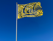 Load image into Gallery viewer, outdoor display of university of california berkeley flag with samoa style background for tailgate decor