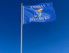 Load image into Gallery viewer, outdoor display of university of kansas jayhawks flag for tailgate decor