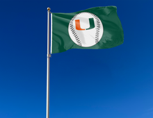 Load image into Gallery viewer, outdoor display of university of miami hurricanes baseball flag as part of tailgate decor
