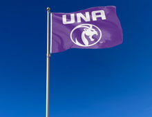 Load image into Gallery viewer, outdoor display of purple university of north alabama flag with una lions logo for tailgate decor