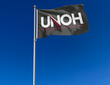 Load image into Gallery viewer, outdoor display of black university of northwestern ohio racers flag for tailgate decor