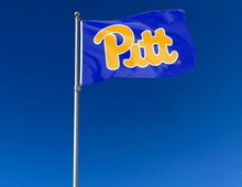 Load image into Gallery viewer, outdoor display of blue university of pittsburgh flag with pitt logo for tailgate decor