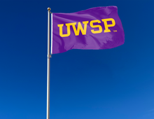 Load image into Gallery viewer, outdoor display of purple university of wisconsin stevens point uwsp flag for tailgate decor