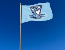 Load image into Gallery viewer, outdoor display of blue upper iowa university flag for tailgate decor