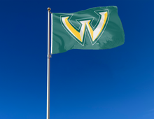 Load image into Gallery viewer, outdoor display of green wayne state university flag for tailgate decor