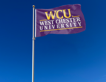 Load image into Gallery viewer, outdoor display of purple west chester university flag with wcu logo for tailgate decor