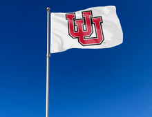 Load image into Gallery viewer, outdoor display of white university of utah flag with interlock uu logo for tailgate decor
