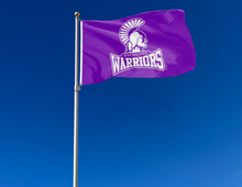 Load image into Gallery viewer, outdoor display of purple winona state university warriors flag for tailgate decor