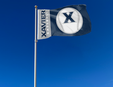 Load image into Gallery viewer, outdoor display of xavier university baseball flag for tailgate decor