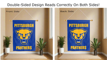 Load image into Gallery viewer, pittsburgh panthers logo and panthers head logo reading correctly on both sides of blue double sided house flag