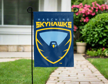 Load image into Gallery viewer, blue point university garden flag with marching skyhawks logo for yard decor