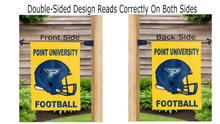 Load image into Gallery viewer, point university football logo reading correctly on both sides of gold double sided garden flag