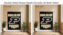 Load image into Gallery viewer, purdue boiler up logo reading correctly on both sides of black double sided house flag