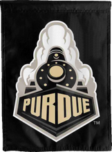 Load image into Gallery viewer, black double sided house flag with purdue train logo for college dorm decor