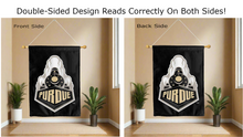 Load image into Gallery viewer, purdue train logo reading correctly on both sides of black double sided house flag