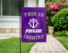 Load image into Gallery viewer, purple double sided garden flag with this is portland pilots logo for yard decor