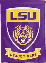 Load image into Gallery viewer, purple lsu geaux tigers double sided house flag with shield logo for college dorm decor