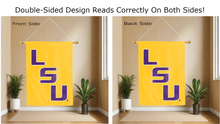 Load image into Gallery viewer, purple lsu logo reading correctly on both sides of gold double sided house flag