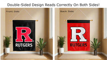 Load image into Gallery viewer, r rutgers logo reading correctly on both sides of red and black double sided house flag
