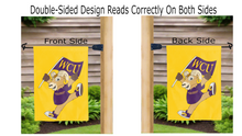 Load image into Gallery viewer, rammy the ram logo reading correctly on both sides of gold west chester university double sided garden flag