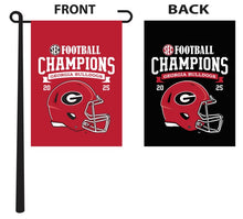 Load image into Gallery viewer, red and black georgia football garden flag with sec conference champions 2025 logo for yard decor
