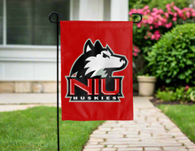 Load image into Gallery viewer, red double sided garden flag with NIU huskies logo for yard decor