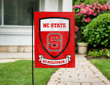 Load image into Gallery viewer, double sided garden flag with nc state shield and go wolfpack logo for yard decor
