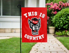 Load image into Gallery viewer, red double sided garden flag with this is nc state country logo for yard decor