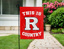 Load image into Gallery viewer, red double sided garden flag with this is rutgers country logo for yard decor