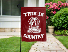 Load image into Gallery viewer, red double sided garden flag with this is aquinas college saints country logo for yard decor