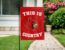 Load image into Gallery viewer, red double sided garden flag with this is louisville cardinals country logo for yard decor