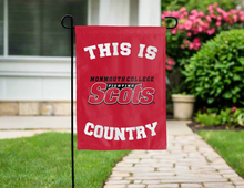 Load image into Gallery viewer, red double sided garden flag with this is monmouth college fighting scots country logo for yard decor