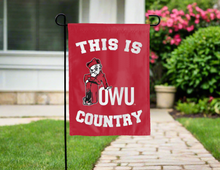 Load image into Gallery viewer, red double sided garden flag with this is owu country logo for yard decor